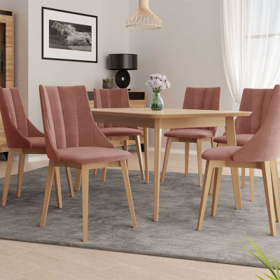Rozkladací jedálenský stôl so 6 stoličkami NOWEN 2 - prírodné drevo / ružový