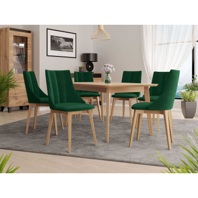 Rozkladací jedálenský stôl so 6 stoličkami NOWEN 2 - prírodné drevo / zelený