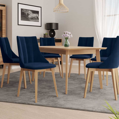 Rozkladací jedálenský stôl so 6 stoličkami NOWEN 2 - prírodné drevo / modrý