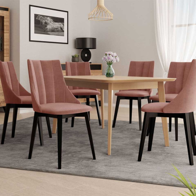 Rozkladací jedálenský stôl so 6 stoličkami NOWEN 2 - prírodné drevo / čierny / ružový