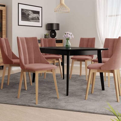 Rozkladací jedálenský stôl so 6 stoličkami NOWEN 2 - čierny / prírodné drevo / ružový
