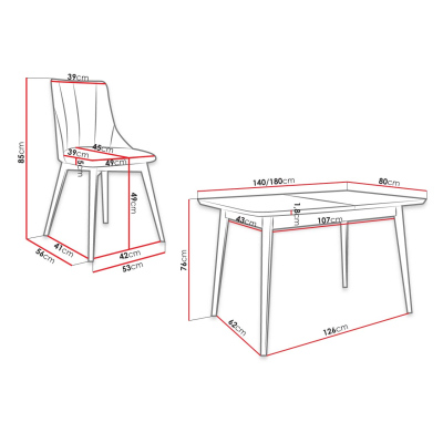 Rozkladací jedálenský stôl so 6 stoličkami NOWEN 2 - čierny / prírodné drevo / ružový