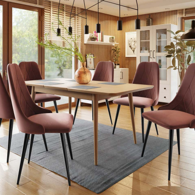 Rozkladací jedálenský stôl so stoličkami OLMIO 2 - prírodné drevo / čierny / ružový