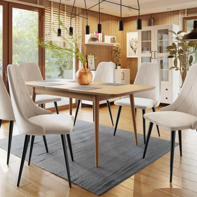 Rozkladací jedálenský stôl so stoličkami OLMIO 2 - prírodné drevo / čierny / béžový