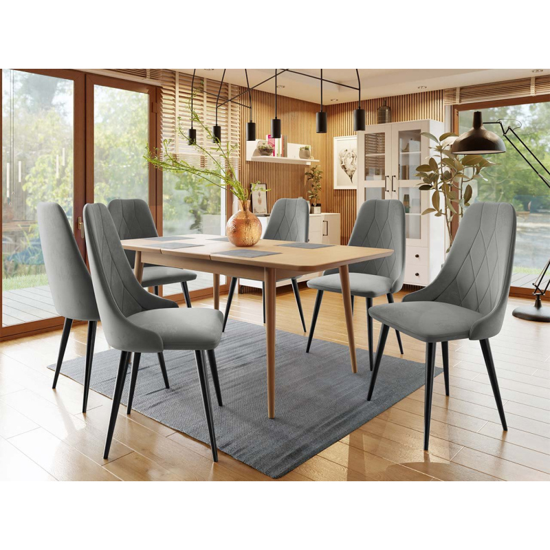 Rozkladací jedálenský stôl so stoličkami OLMIO 2 - prírodné drevo / čierny / šedý