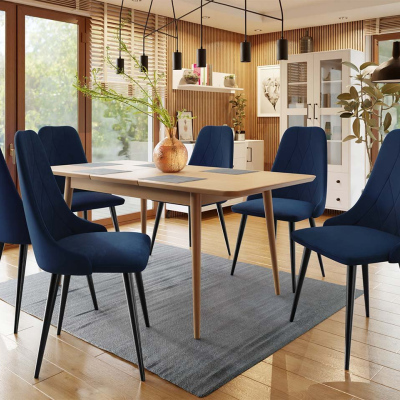 Rozkladací jedálenský stôl so stoličkami OLMIO 2 - prírodné drevo / čierny / modrý