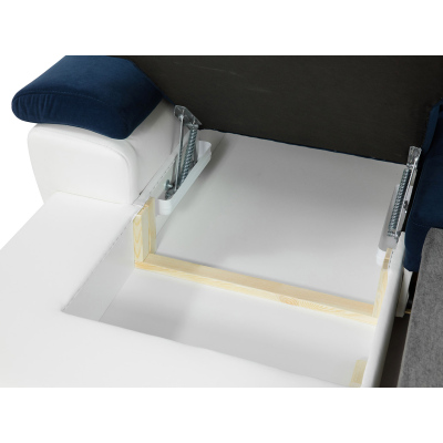 Rohová rozkladacia sedačka SAN DIEGO MINI - biela ekokoža / modrá / žltá, pravý roh