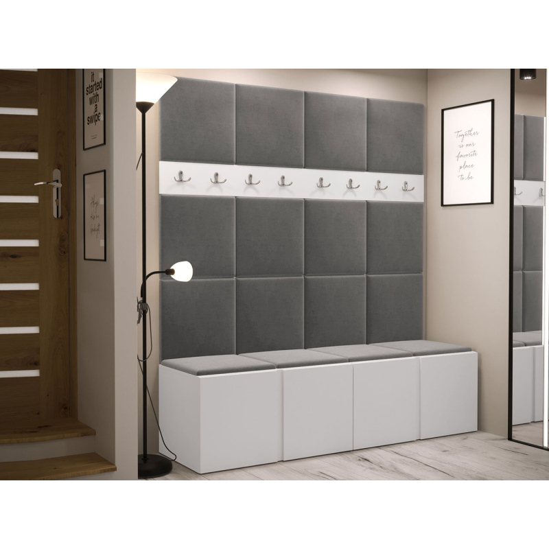 Stena do predsiene s botníkom a panelmi 42x42 SELAND 6 - biela / tmavo šedá