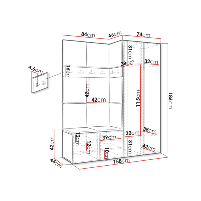 Stena do predsiene s čalúnenými panelmi 42x42 SELAND 10 - biela / tmavo šedá
