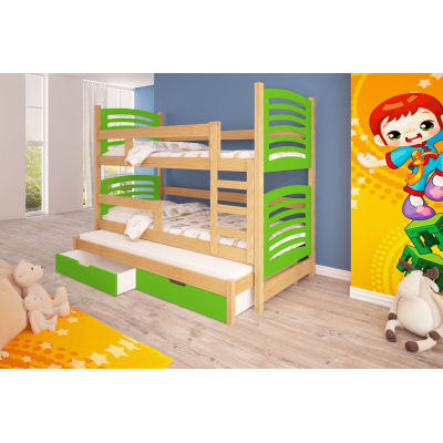 Detská poschodová posteľ pre troch KALA 2 - 75x180, borovica / zelená