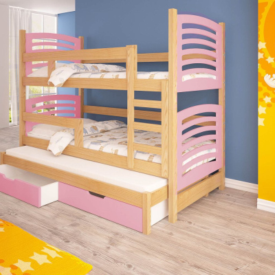 Detská poschodová posteľ pre troch KALA 2 - 75x180, borovica / ružová