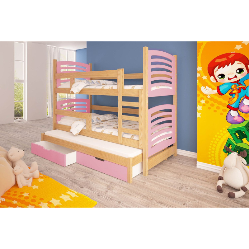 Detská poschodová posteľ pre troch KALA 2 - 75x180, borovica / ružová