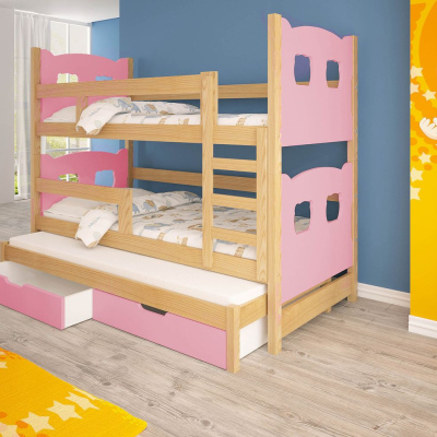 Detská poschodová posteľ pre troch KALA 1 - 75x180, borovica / ružová