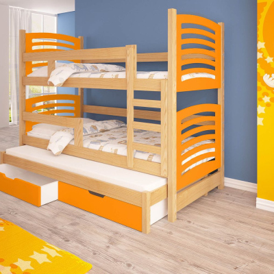 Detská poschodová posteľ pre troch KALA 2 - 75x180, borovica / oranžová
