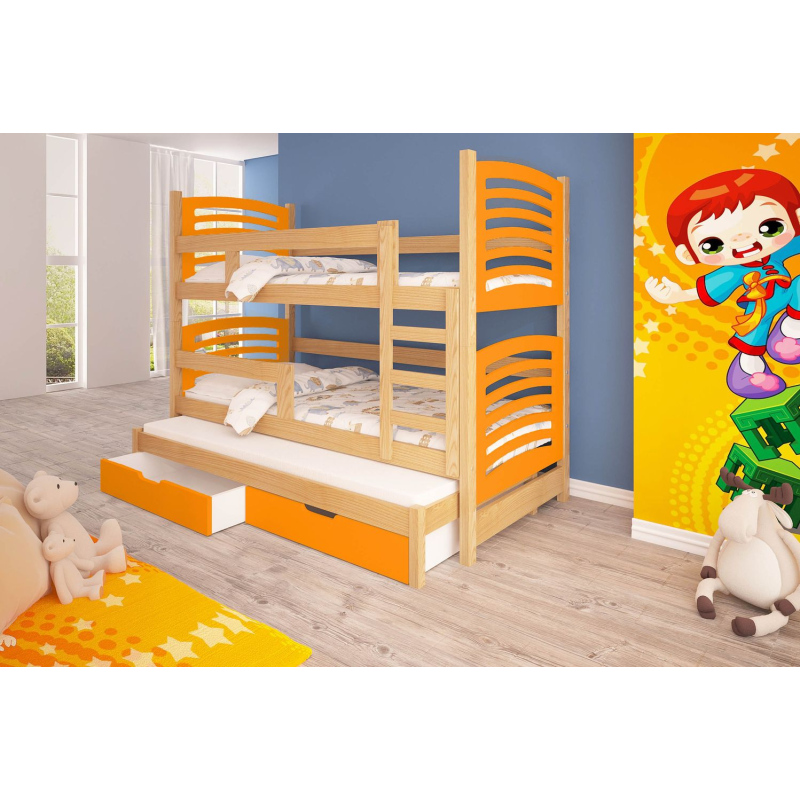 Detská poschodová posteľ pre troch KALA 2 - 75x180, borovica / oranžová