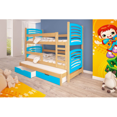 Detská poschodová posteľ pre troch KALA 2 - 75x180, borovica / modrá