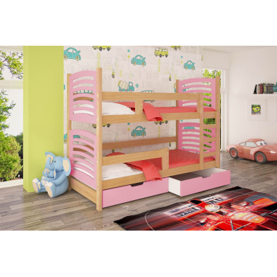 Poschodová posteľ s úložným priestorom KALA 2 - 75x180, borovica / ružová