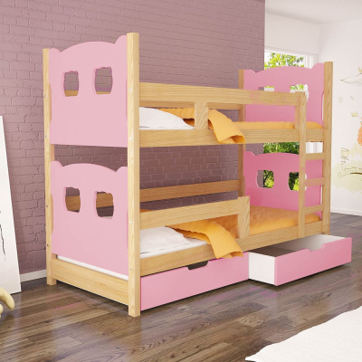 Poschodová posteľ s úložným priestorom KALA 1 - 75x180, borovica / ružová