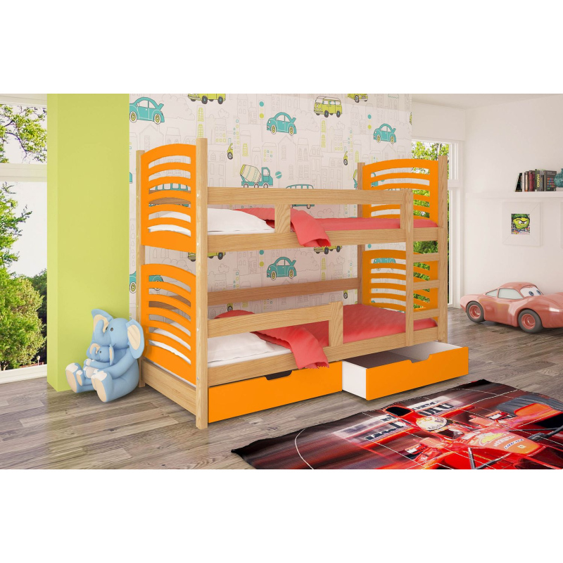 Poschodová posteľ s úložným priestorom KALA 2 - 75x180, borovica / oranžová