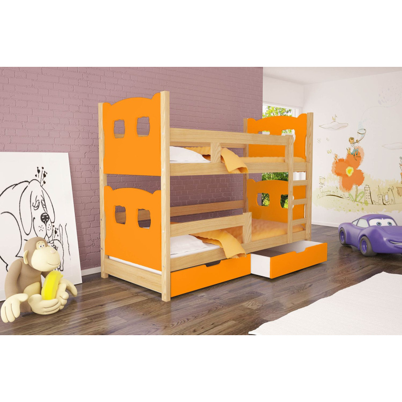 Poschodová posteľ s úložným priestorom KALA 1 - 75x180, borovica / oranžová