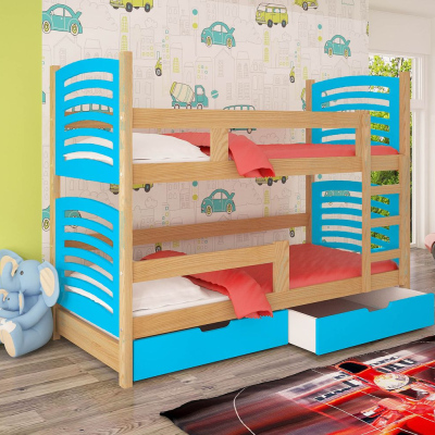 Poschodová posteľ s úložným priestorom KALA 2 - 75x180, borovica / modrá