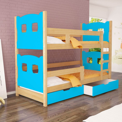 Poschodová posteľ s úložným priestorom KALA 1 - 75x180, borovica / modrá