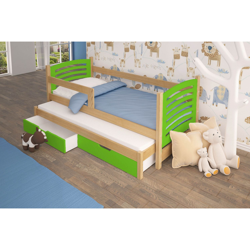 Detská posteľ s prístelkou KALA 2 - 75x180, borovica / zelená