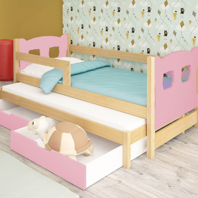 Detská posteľ s prístelkou KALA 1 - 75x180, borovica / ružová