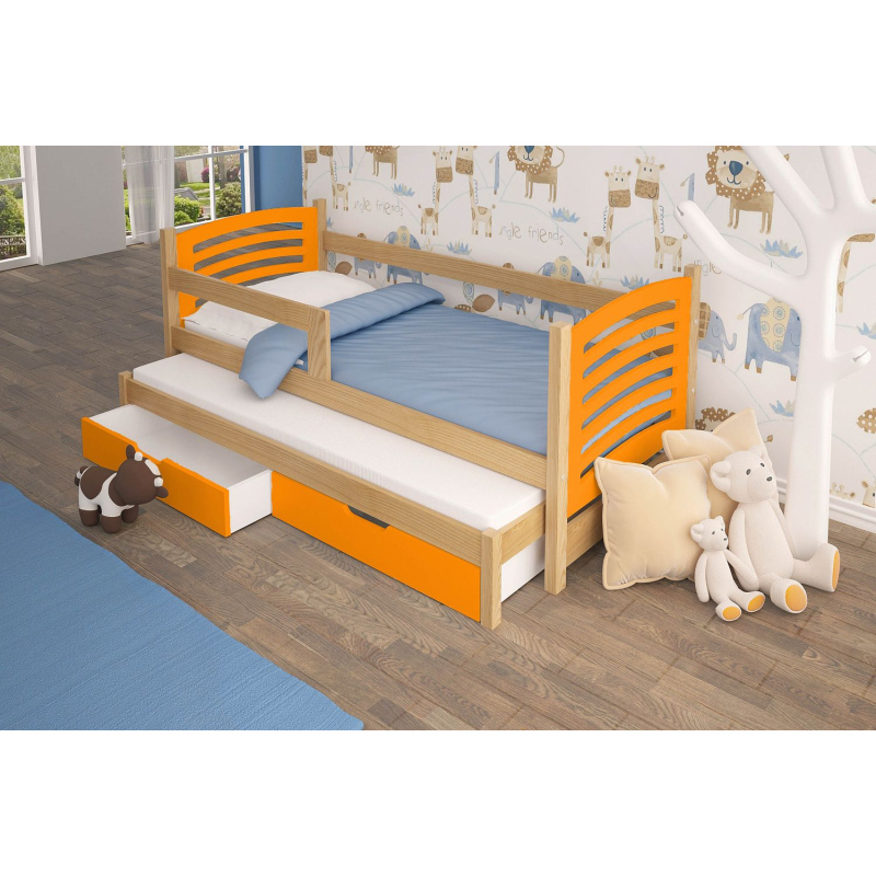 Detská posteľ s prístelkou KALA 2 - 75x180, borovica / oranžová