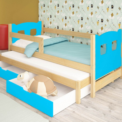 Detská posteľ s prístelkou KALA 1 - 75x180, borovica / modrá