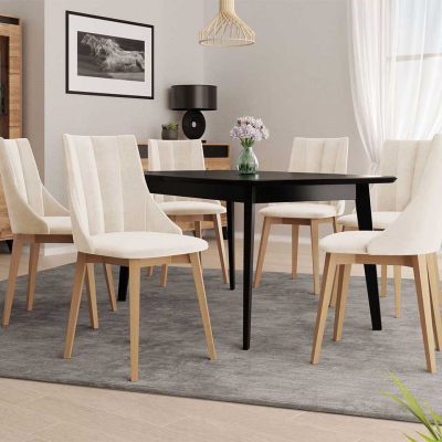 Rozkladací jedálenský stôl so 6 stoličkami NOWEN 2 - čierny / prírodné drevo / béžový