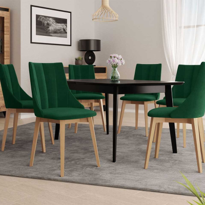 Rozkladací jedálenský stôl so 6 stoličkami NOWEN 2 - čierny / prírodné drevo / zelený