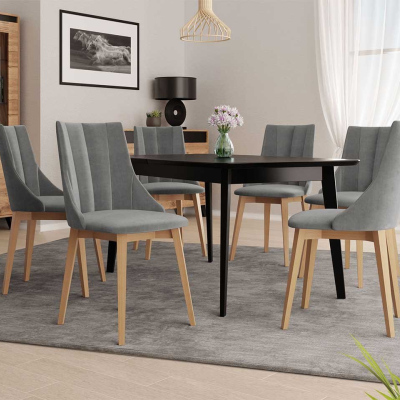 Rozkladací jedálenský stôl so 6 stoličkami NOWEN 2 - čierny / prírodné drevo / šedý