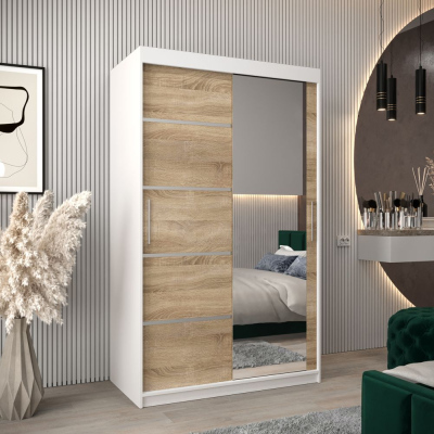 Šatníková zrkadlová skriňa ADELA - 120 cm, biela / dub sonoma