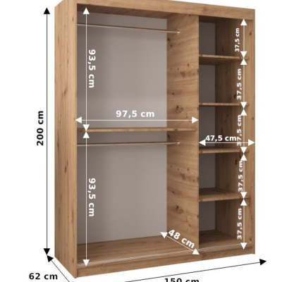 Šatníková zrkadlová skriňa ADELA - 150 cm, čierna / dub sonoma