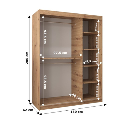 Šatníková zrkadlová skriňa ADELA - 150 cm, dub sonoma / čierna