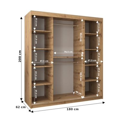 Šatníková zrkadlová skriňa ADELA - 180 cm, dub sonoma / biela