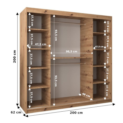 Šatníková zrkadlová skriňa ADELA - 200 cm, dub artisan