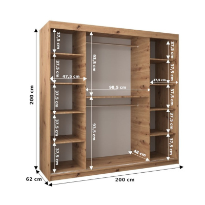 Šatníková zrkadlová skriňa ADELA - 200 cm, dub artisan