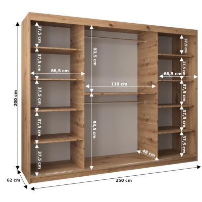 Šatníková zrkadlová skriňa ADELA - 250 cm, dub artisan / čierna