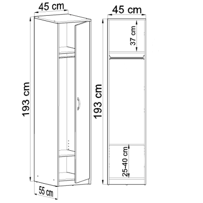 Úzka šatníková skriňa SIMELA - šírka 45 cm, biela