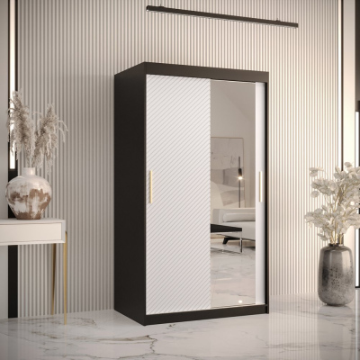Skriňa s posuvnými dverami a zrkadlom PAOLA - šírka 100 cm, čierna / biela