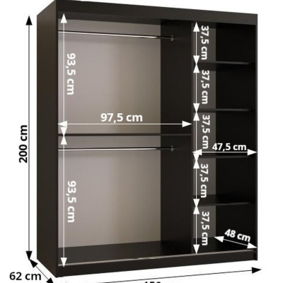 Skriňa s posuvnými dverami a zrkadlom PAOLA - šírka 150 cm, biela / čierna