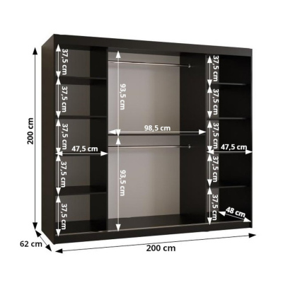 Skriňa s posuvnými dverami a zrkadlom PAOLA - šírka 200 cm, čierna / biela