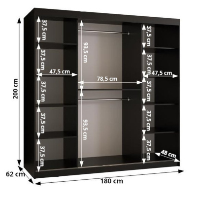 Priestranná šatníková skriňa MAIA 3 - šírka 180 cm, čierna / jaseň