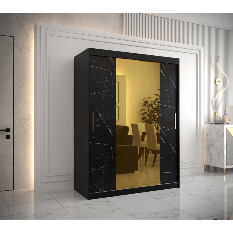 Dizajnová šatníková skriňa so zlatým zrkadlom MADLA 1 - šírka 150 cm, čierna