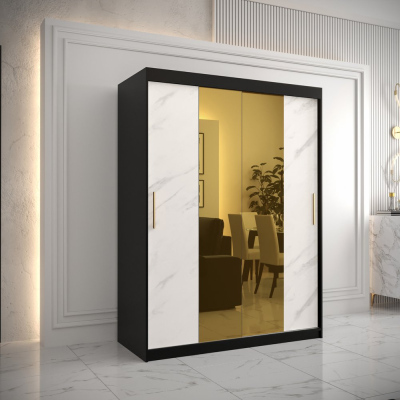 Dizajnová šatníková skriňa so zlatým zrkadlom MADLA 1 - šírka 150 cm, čierna / biela