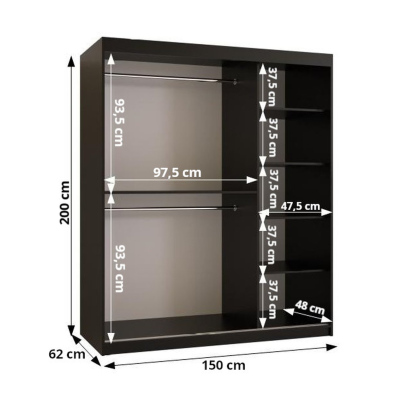 Dizajnová šatníková skriňa so zlatým zrkadlom MADLA 1 - šírka 150 cm, čierna / biela