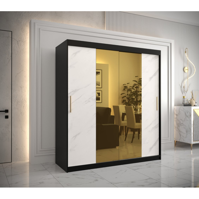Dizajnová šatníková skriňa so zlatým zrkadlom MADLA 1 - šírka 180 cm, čierna / biela