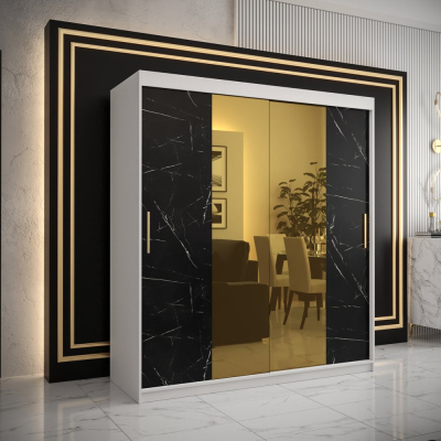 Dizajnová šatníková skriňa so zlatým zrkadlom MADLA 1 - šírka 180 cm, biela / čierna